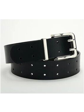 Susan Graver Belt Size Small/Medium Solid Faux Leather Two Prong Black Silver